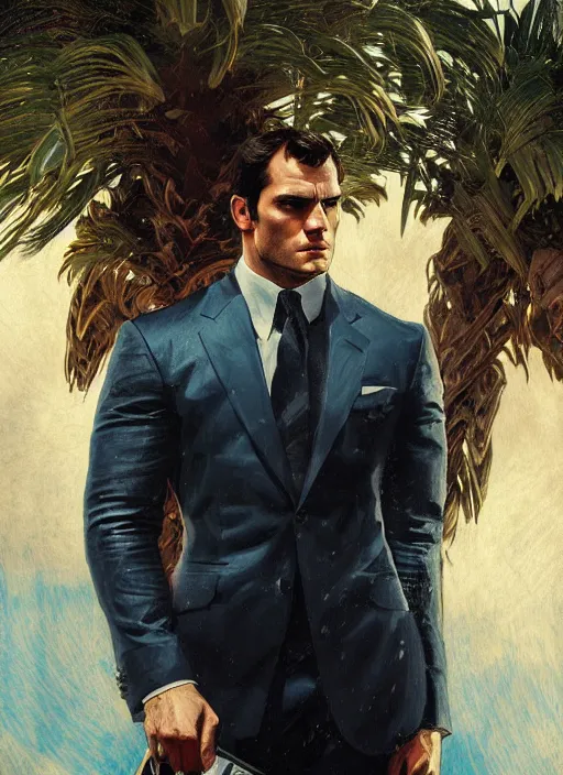 Prompt: portrait of henry cavill as james bond, key art, palm trees, vintage aston martin, highly detailed, digital painting, artstation, concept art, cinematic lighting, sharp focus, illustration, by gaston bussiere alphonse mucha