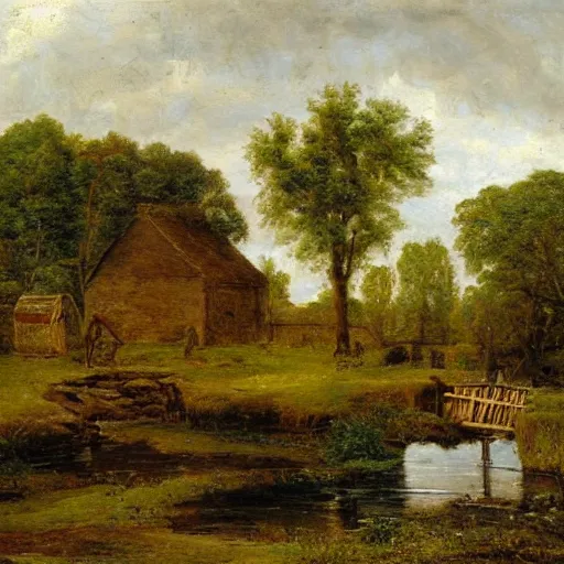 Prompt: Hay Wain, rural scene of a waterwheel on the Herper River. Oil on canvas, 1821, by Lewis Fowler