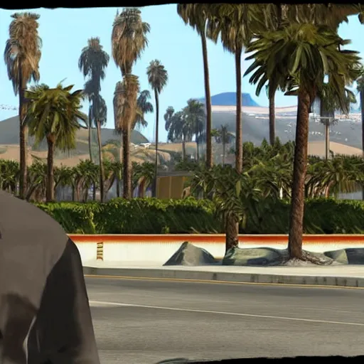 Prompt: Steven Seagal in GTA V . Los Santos in background, palm trees. in the art style of Stephen Bliss