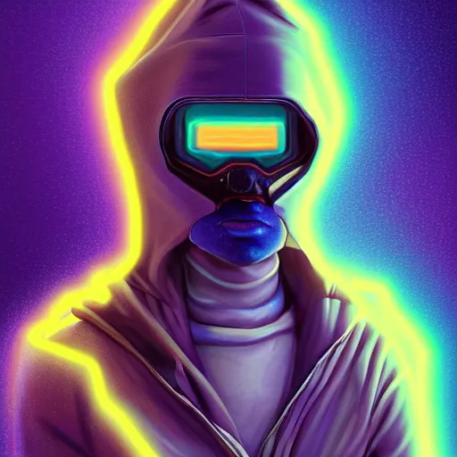 Image similar to a portrait of an ultradetailed futuristic male cyberpunk wearing a hoodie on his head, bearded, deep blue eyes, by dylan kowalski, 8 k, purple neon colours, digital painting, trending on gc society