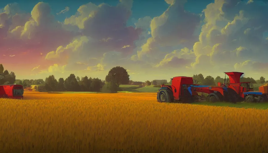 Prompt: colourful sky, wheat field, distant combine harvesters, big trees, matte painting, art station, digital art, simon stalenhag