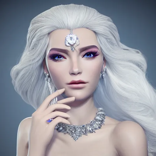 Prompt: wonderful princess of white diamonds with fair skin, white hair, white flowers, ornate with white diamonds, 8 k, gorgeous, intricate, detailed, glowing white accent lighting, dramatic lighting, octane render