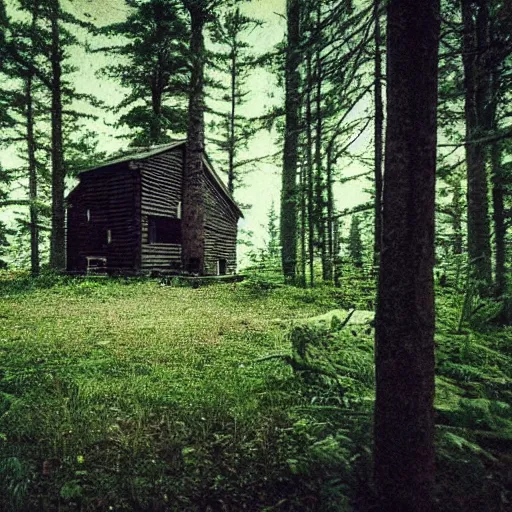 Image similar to a photo of a Eerie cabin in the middle of the woods photographed by a old 80s gameboy