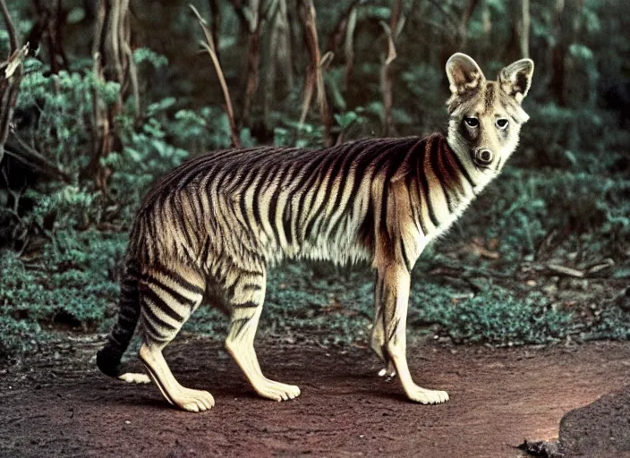 Image similar to photo of a thylacine, ‘Tasmanian ((tiger))’, thylacine, detailed fur, long thin tail, long snout, small eyes, drinking water from a lake, Australia, HD, National Geographic,