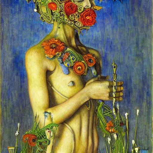 Image similar to masterpiece painting of the robot queen wearing a mask made of flowers, by annie swynnerton and diego rivera and jean delville, symbolist, dramatic lighting, god rays, elaborate geometric ornament, art brut, soft cool colors, smooth, sharp focus, extremely detailed, adolf wolfli