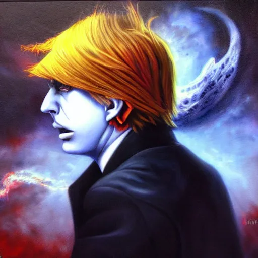 Image similar to detailed portrait of emo donald trump anime death note intricate, hyper detailed, realistic, oil painting, by julie bell, frank frazetta, cinematic lighting