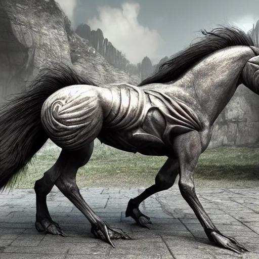Image similar to a humanoid horse in giger style, octane render, 4k, detailed, unreal engine 5,