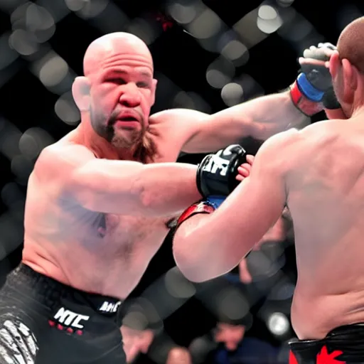 Prompt: dana white fighting khabib in the octagon, ultra realistic, 4k, wide angle