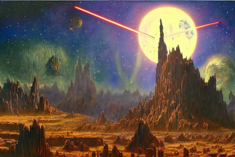 Image similar to miskatonic university big bang inscape in the style of dr. seuss,'star wars ', painting by albert bierstadt