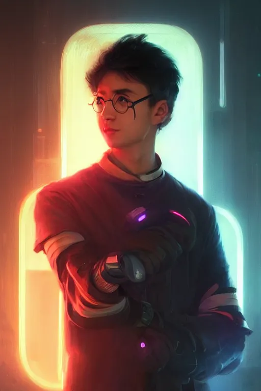 Image similar to portrait Ron Wisly with visor in cyberpunk, harry potter, neon lighting, night city, digital art from artstation by Ruan Jia and Mandy Jurgens and Artgerm and william-adolphe bouguereau and Greg Rutkowski