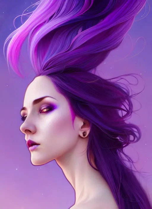 Image similar to Purple hair relistic Portrait of a woman with bright colored flying hair, all shades of purple. Hair coloring, long hair, fantasy, intricate, elegant, highly detailed, digital painting, artstation, concept art, smooth, sharp focus, illustration, art by artgerm and greg rutkowski and alphonse mucha