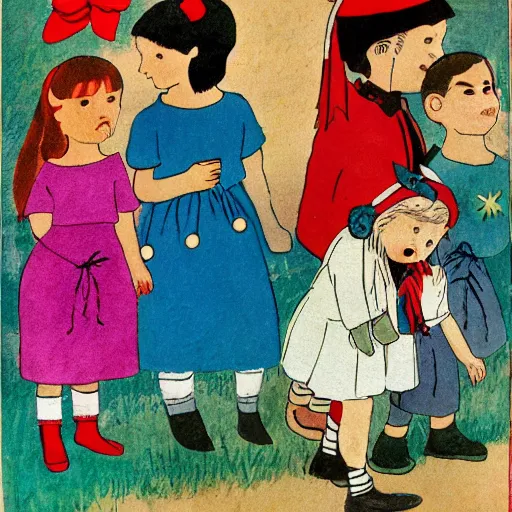 Image similar to children's book illustration of little girl black hair cut in a bob with bangs wearing a blue dress with jingle bells sewn all over at a halloween costume parade in the style of henry darger