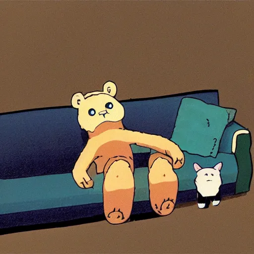 Image similar to loving cartoon bear and cartoon cat sitting in couch, by Studio Ghibli, atmospheric, cosy