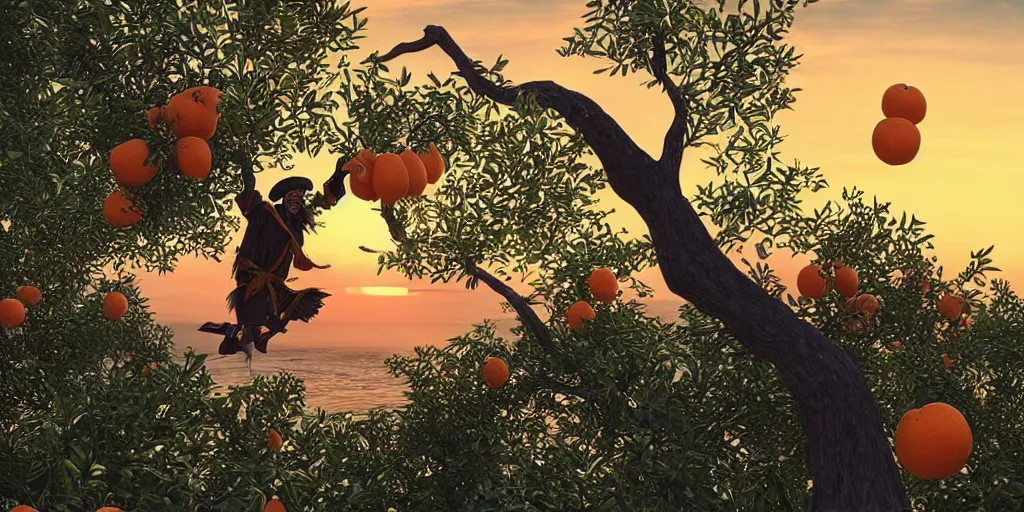 Prompt: “ a pirate picking oranges off of a tree at sunset, ultra realistic ”