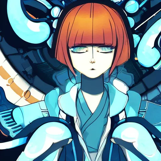 Image similar to Frequency indie album cover, luxury advertisement, blue filter, blue and black colors. Clean and detailed post-cyberpunk sci-fi close-up schoolgirl in asian city in style of cytus and deemo, blue flame, relaxing, calm and mysterious vibes, by Tsutomu Nihei, by Yoshitoshi ABe, by Ilya Kuvshinov, by Greg Tocchini, nier:automata, set in half-life 2, Matrix, GITS, Blade Runner, Neotokyo Source, Syndicate(2012), dynamic composition, beautiful with eerie vibes, very inspirational, very stylish, with gradients, surrealistic, dystopia, postapocalyptic vibes, depth of field, mist, rich cinematic atmosphere, perfect digital art, mystical journey in strange world, beautiful dramatic dark moody tones and studio lighting, shadows, bastion game, arthouse