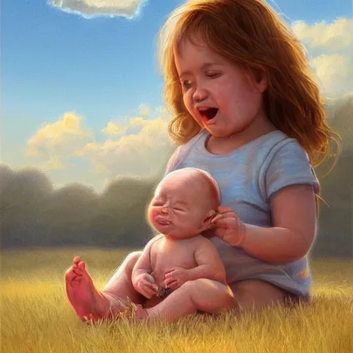 Image similar to clear portrait of human babies, adorable appearance!!!, golden hour, happy apearance, cottagecore!!, background hyper detailed, character concept, full body, dynamic pose, intricate, elegant, highly detailed, digital painting, artstation, concept art, smooth, sharp focus, illustration, art by artgerm and greg rutkowski and alphonse mucha