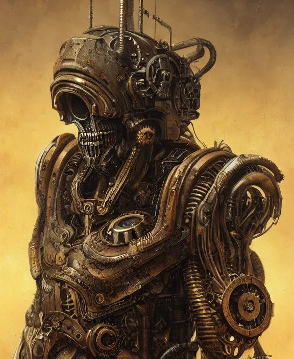 Prompt: portrait of a steampunk doomslayer by hr giger and beksinski and stephan martiniere, trending on artstation, 4 k resolution, detailed, high quality, hq artwork