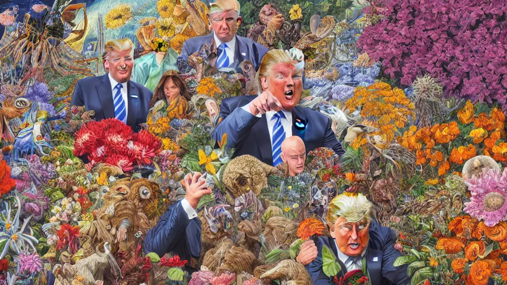 Image similar to highly detailed oil painting of donald trump surrounded by all the known species of flowers by olaf hayek, by moebius, by oliver vernon, by joseph moncada, by damon soule, by manabu ikeda, by kyle hotz, by dan mumford, by kilian eng