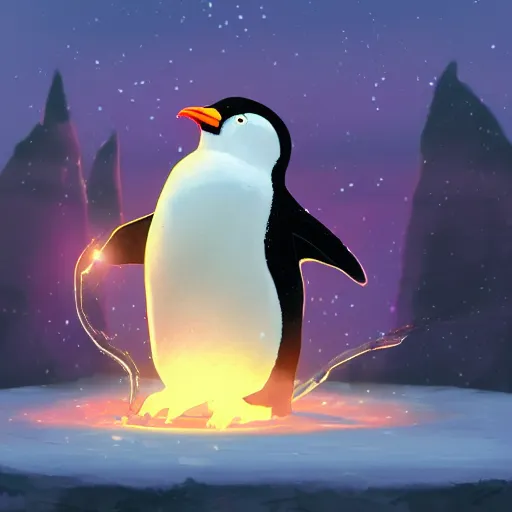 Prompt: a wizard penguin casting a spell, digital art, cinematic lighting