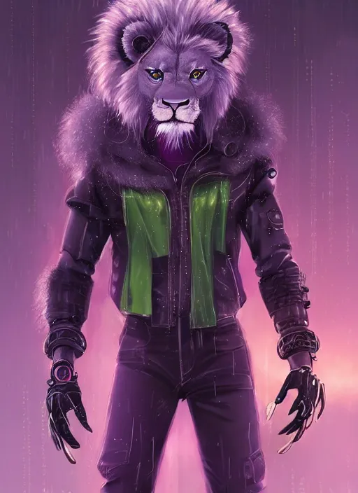 Prompt: award winning beautiful portrait commission of a male furry anthro lion fursona with a tail and a cute beautiful attractive detailed furry face wearing stylish black, green and purple cyberpunk clothes in a cyberpunk city at night while it rains. Character design by charlie bowater, ross tran, artgerm, and makoto shinkai, detailed, inked, western comic book art