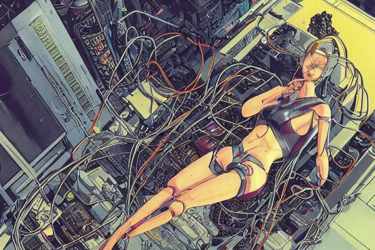 Prompt: an intricate, awe inspiring cyberpunk illustration of a female android body lying open on a labor floor, wires and cables coming out, by masamune shirow and katsuhiro otomo ((colorful))