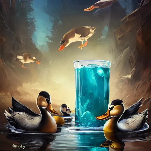 Image similar to duck drinks energy napiokmonstr energy, concept art, wlop, digital painting, trending on artstation, highly detailed, epic composition, official media, 8 k uhd