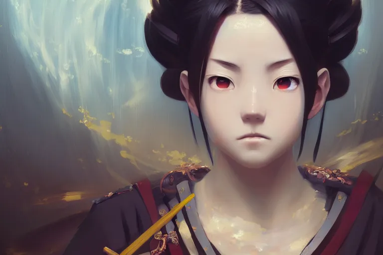 Image similar to baroque oil painting of anime key visual concept art of a samurai girl, very anime, stars vackground, trending on artstation, oil on canvas, style of makoto shinkai greg rutkowski studio ghibli