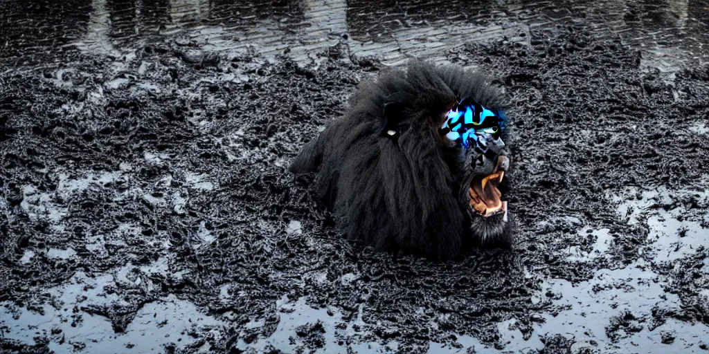 Prompt: the smooth black lion pack, made of smooth black goo, bathing in the black goo moat in the zoo exhibit, viscous, sticky, full of black goo, covered with black goo, splattered black goo, dripping black goo, dripping goo, splattered goo, sticky black goo. photography, dslr, reflections, black goo, zoo, exhibit