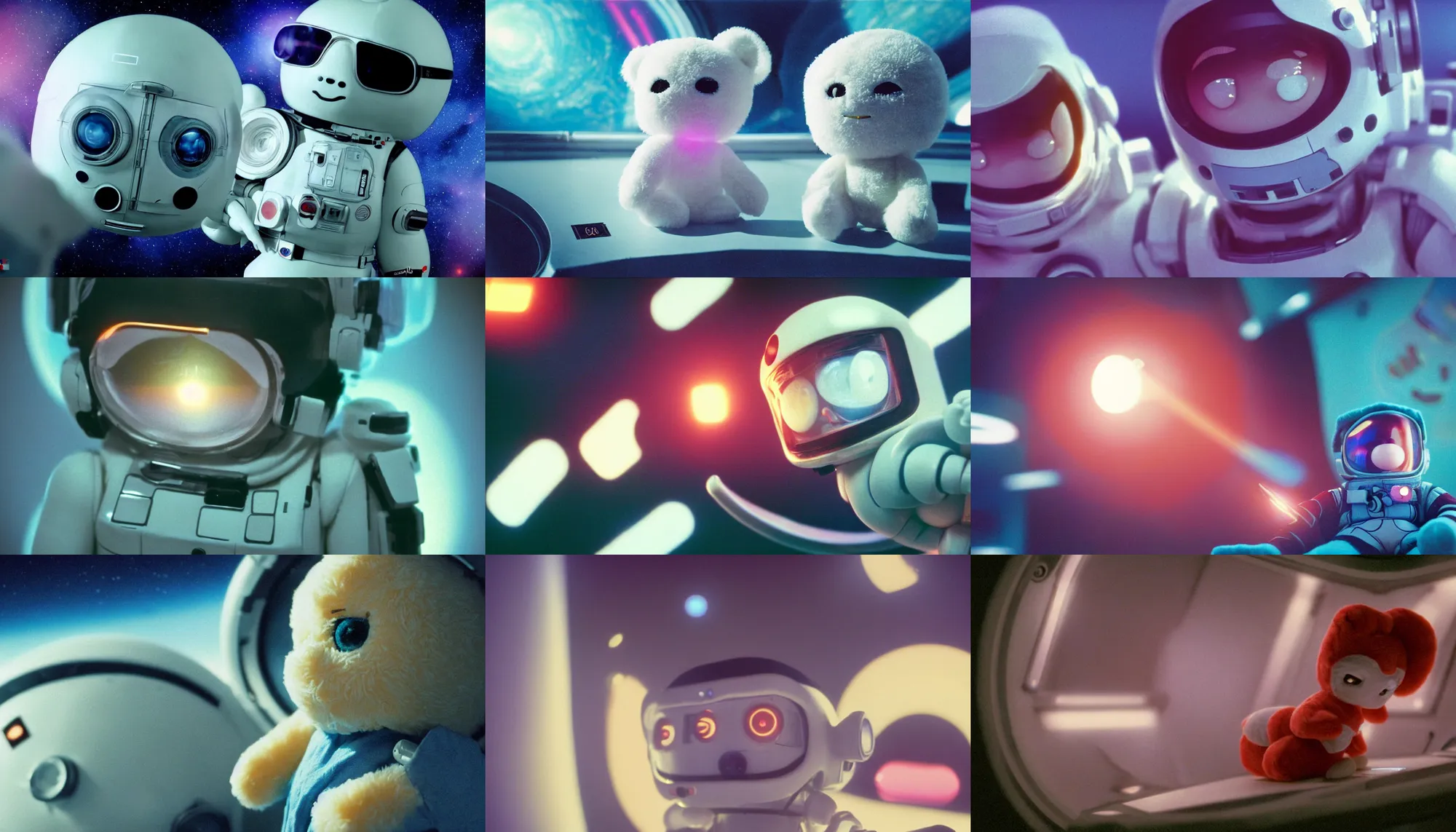 Prompt: Cinestill 50d, 8K, 35mm,J.J Abrams flare; beautiful ultra realistic vaporwave minimalistic plush toy pilot in space(1950) film still medical bay scene in 2000s frontiers in blade runner retrofuturism fashion magazine September moebius seinen manga style hyperrealism holly herndon edition, highly detailed, extreme closeup three-quarter model portrait, tilt shift LaGrange point orbit background, three point perspective, focus on anti-g flight suit,<pointé pose>;open mouth,terrified, eye contact, soft lighting