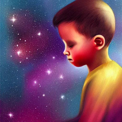 Prompt: a kid thinking of the universe, digital painting, elegant color palette