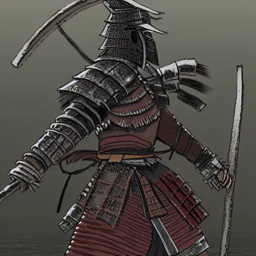 Prompt: japanese samurai boss inspired from dark souls 3 near a river, digital illustration, highly detailed art, 8k image quality, full body camera shot