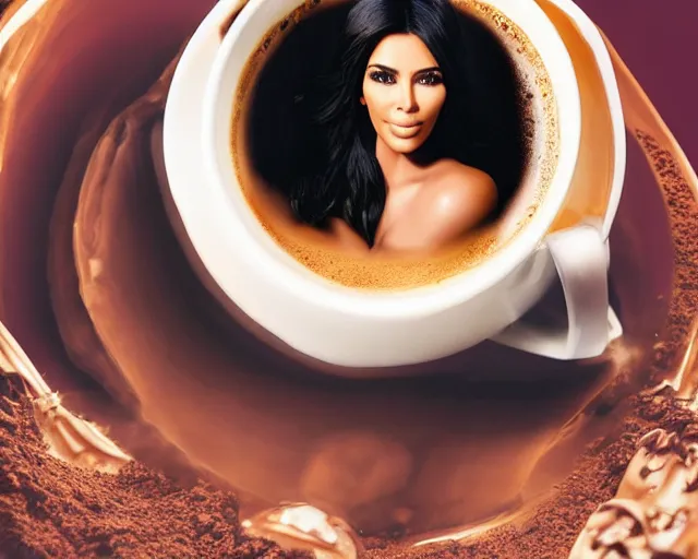 Image similar to Kim Kardashian inside a giant cup of coffee, cinematic, highly detailed, HD, 4K, professional image, professional lighting