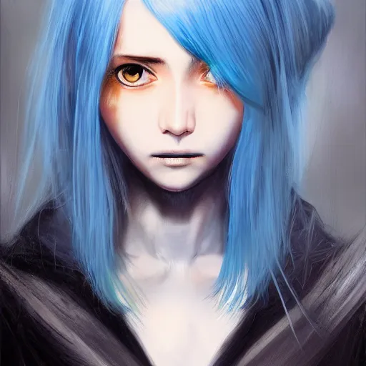 Image similar to full face shot of rimuru tempest, sky blue straight hair, long bangs, with amber eyes, wearing a black jacket, high collar, ultra detailed, concept art, award winning photography, digital painting, cinematic, wlop artstation, closeup, pixiv, evil, yoshitaka amano, andy warhol, ilya kuvshinov,