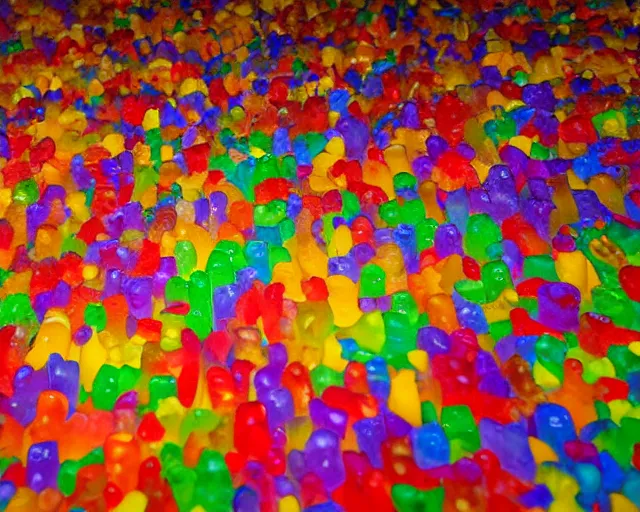 Prompt: a giant sculpture made out of thousands of tons of gummy bears in a human head shape, on the surface of the ocean, in the style of chad knight, long shot, hyper detailed, hyper realistic, ray tracing, 8 k resolution, sharp focus, realistic water, award winning sculpture