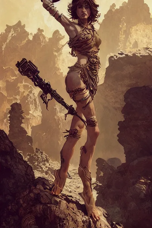 Image similar to a full body portrait of a beautiful post apocalyptic offworld desert savage rogue in ballet pose by the emerald oasis pools, intricate, elegant, highly detailed, digital painting, artstation, concept art, smooth, sharp focus, illustration, art by krenz cushart and artem demura and alphonse mucha