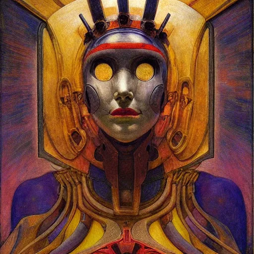 Prompt: the masked robot queen wearing the plasma crown, by Annie Swynnerton and Diego Rivera and Elihu Vedder, symbolist, dramatic lighting, elaborate geometric ornament, Art Brut, soft cool colors,smooth, sharp focus, extremely detailed, Adolf Wölfli and Donato Giancola