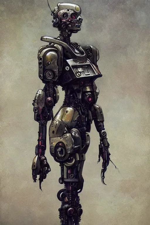 Image similar to fullbody or portrait, simple futurist cyborg raven, warhammer 4 0 k, perfect future, award winning art by santiago caruso, iridescent color palette, by wlop and karol bak and bouguereau and viktoria gavrilenko, 1 9 7 0 s retro future robot android. muted colors