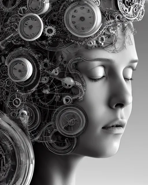 Image similar to mythical dreamy black and white organic translucent bio-mechanical spinal ribbed profile face portrait detail of steampunk mechanical beautiful female angelic-human-queen-realistic-cyborg, highly detailed, intricate crystal jelly ornate, poetic, 3D render, digital art, octane render, 8K artistic photography, photo-realistic, by Dora Maar