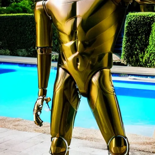 Image similar to a realistic detailed photo of a guy who is an attractive humanoid who is half robot and half humanoid, who is a male android, wrestler a. j. ferrari, shiny skin, posing like a statue, blank stare, by the pool, on display, showing off his muscles, humanoid robot, frozen ice statue