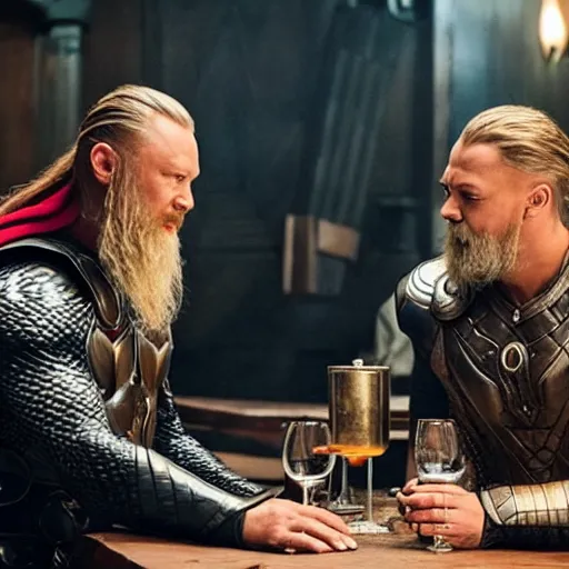 Prompt: thor and ragnar lothbrok sitting in a bar drinking wine