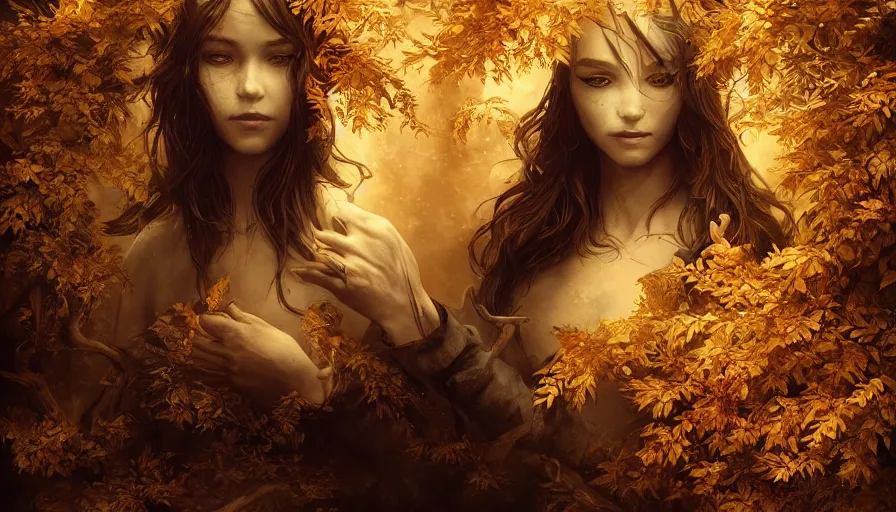 Image similar to golden leaves at frame border, creative!!! composition for a book cover!!!, absurdly beautiful, ultrafine hyperrealistic detailed old witch face by wlop and artgerm and greg rutkowski, intricate linework, sharp focus, smooth, octopath traveler, final fantasy, unreal engine, dramatic lighting, ethereal, 8 k