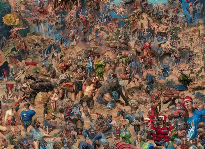 Image similar to where's waldo, lowbrow, matte painting, 3 - d highly detailed, in the style of frank frazetta,