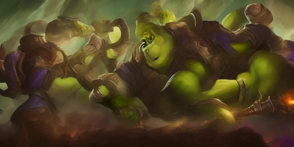 Prompt: A still of Shrek in League of legends's Arcane series
