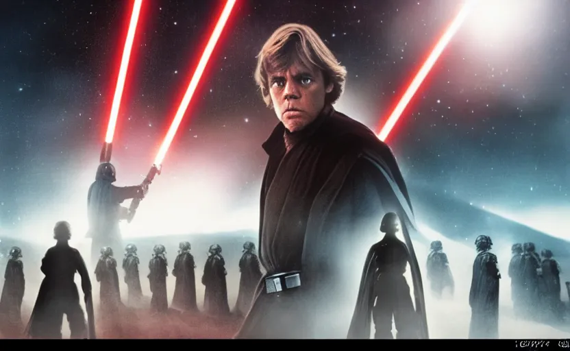 Prompt: screenshot portrait of Luke Skywalker with class of padawans, facing off against a sithtroopers around Temple, iconic scene from 1980s film by Stanley Kubrick, 4k serene, iconic shot, surreal sci fi set design, photoreal, detailed face, moody lighting stunning cinematography, hyper detailed, sharp, anamorphic lenses, kodak color film stock