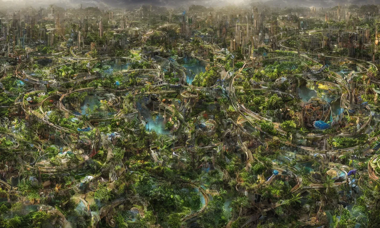 Prompt: solarpunk eco - city utopia, enchanted world, ancient nile winding river valley deep valley taken from 3 0 metres high, otherworldly, botanical garden, waterscape, overgrowing floral lush, glistening in the morning light, 8 k, cinematic shot, weta workshop, hyper realistic, cinematography by john boorman