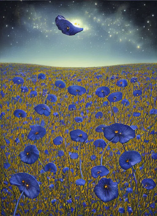 Image similar to detailed, intricate blue black and purple papaverum flower on the field, nebula, galaxy in the sky, winning award masterpiece, fantastically beautiful, illustration, aestheticly inspired, jacek yerka, upscale with anguissola sofonisba work, artstation, 8 k