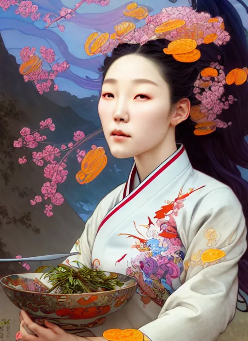 Image similar to character concept of a south korean female chef, wearing a beautiful hanbok inspired apron, holding magical kitchen knives, beautiful rivers of energy flowing in background, by peter mohrbacher and alphonse mucha and loish, 4 k, high resolution, intricate, hyperdetailed, photorealistic, artstation, smooth, sharp focus