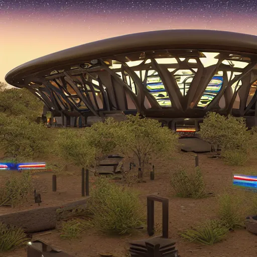 Image similar to cybernetic futuristic ndebele homestead seen from the front, highly detailed, octane rendered, night scene