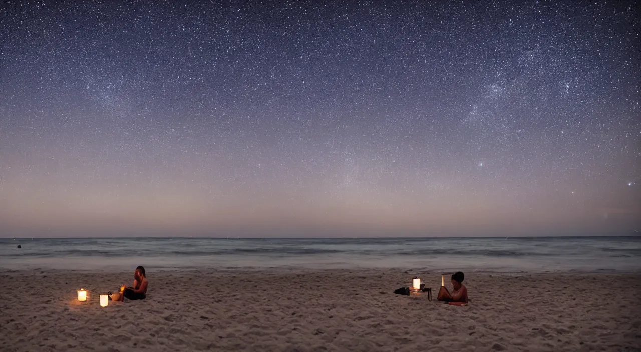 Prompt: someone drinking a cup of tea in the night while watching the stars in the middle of the beach, indigo ambient light