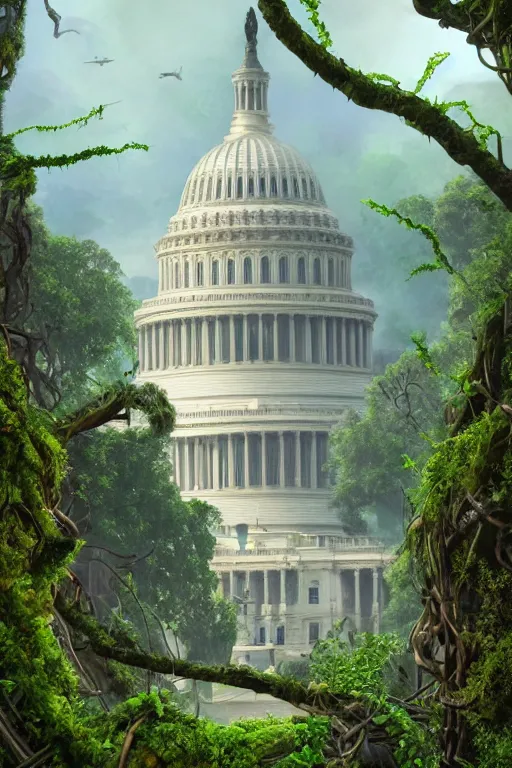 Prompt: an epic landscape view of vines and moss growing on the us capitol building, jungle, with pterosaurs flying, close - up, low angle, wide angle, atmospheric, volumetric lighting, cinematic, very realistic, sharp, highly detailed digital art, painted by tyler edlin